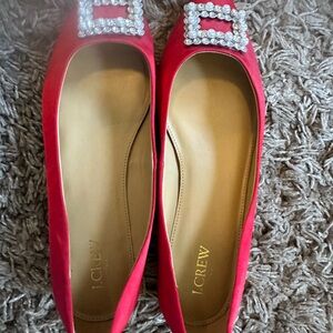 J. Crew Pink Satin Ballet Flats with Crystal Buckle